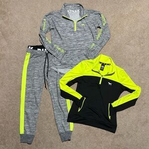 3 PC PINK SET Gray, Black and Neon Yellow Tracksuit Set (2 Tops, 1 Bottom) S & M